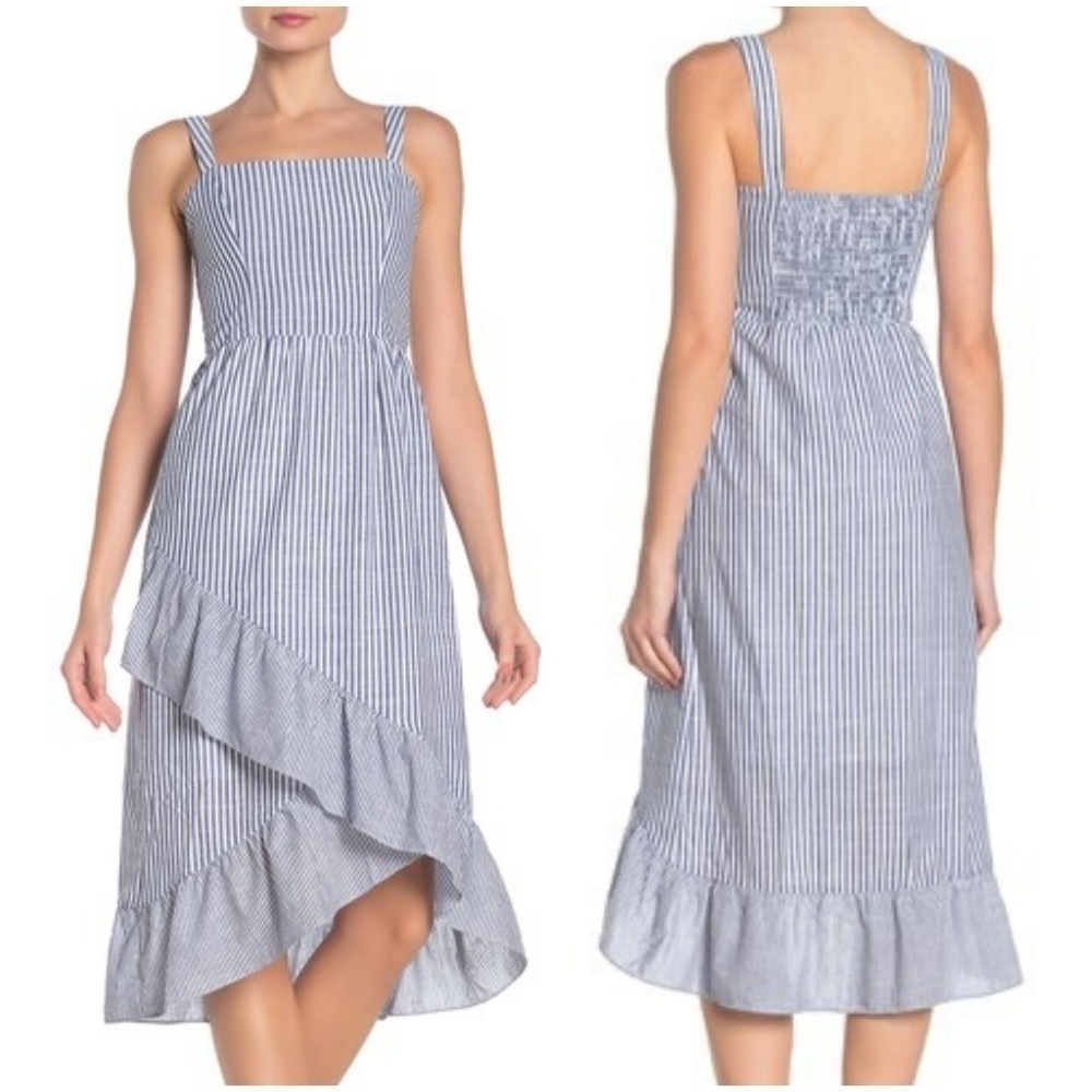HEARTLOOM Gene Sleeveless Striped Asymmetrical Ruffle Hem Dress Medium.